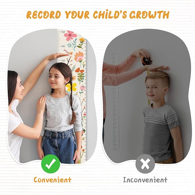 Personalized Name Growth Chart for Wall, Painted Plants Canvas Height Chart for Kids Baby Child Toddler, Canvas Growth Chart for Wall Nursery Decor, Hangable & Waterproof
