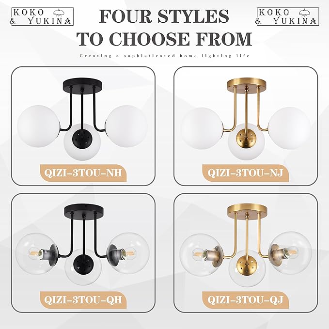 KoKo&Yukina 3-Light Semi Flush Mount Ceiling Light Globe Lights Mid Century Ceiling Light with Clear Glass Globe & Matte Black for Bedroom Hallway Entryway Kitchen Living Room (Bulb Incl.)