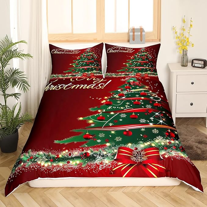 Christmas Tree Duvet Cover Set King Size Fir Tree Branches and Deer Print Bedding Set 3pcs for Kids Girls New Year Theme Comforter Cover Merry Christmas Red Quilt Cover with 2 Pillowcases,No Comforter