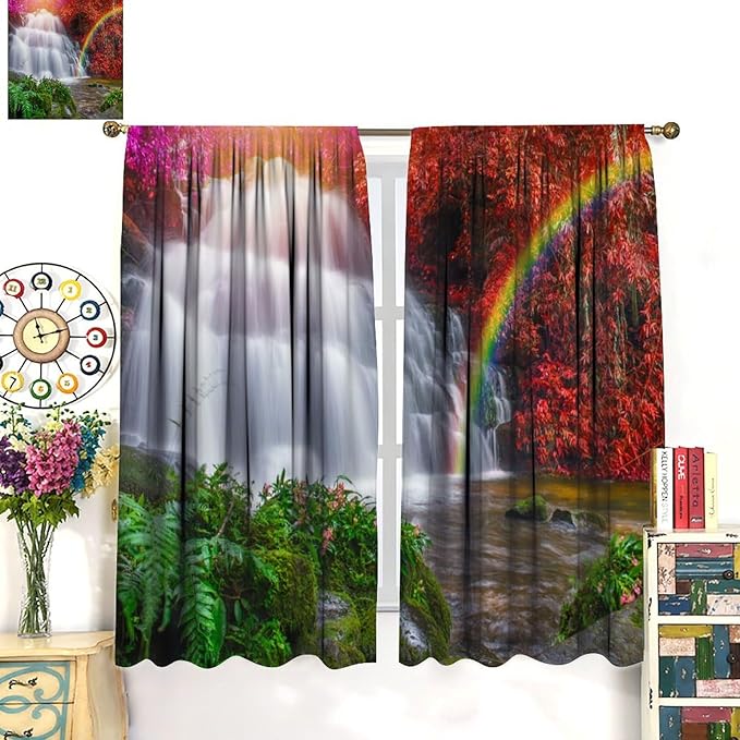 Waterfall Blackout Curtains, Nature Landscape Forest Mountain Waterfall Scenery Scene Print Pattern Window Drapes, for Bedroom Living Room 63" W X 63" L