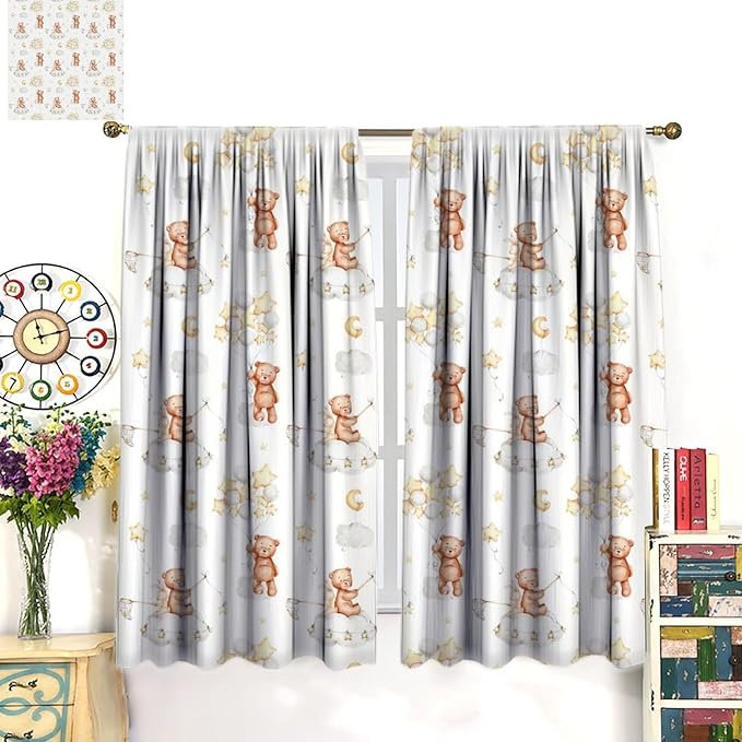 Cartoon Bear Curtains, Cute Lovely Bear Star Cloud Ballon Pastel Blackout Window Treatments, Rod Pocket Thermal Insulated Drapes 2 Panel Sets for Kids Bedroom Nursery Classroom, 63" W X 72" L