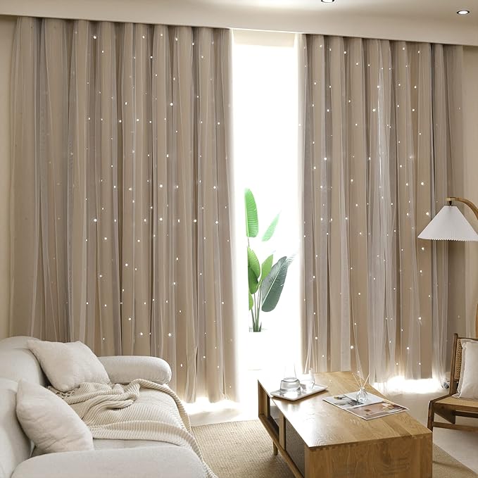 Kinryb Kids Blackout Curtains for Bedroom/Living Room/Classroom, Sheer Overlay 2 Panel Set, Double Layer Curtains with Star Cutout for Kids Room(Each Piece W 70 x L 63 Inches 2 Pcs Beige)