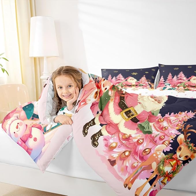 jejeloiu Merry Christmas Comforter Set Queen Size Santa Claus Bedding Set for Kids Boys Girls Cute Deer Duvet Quilt Dark Blue Bedroom Decor