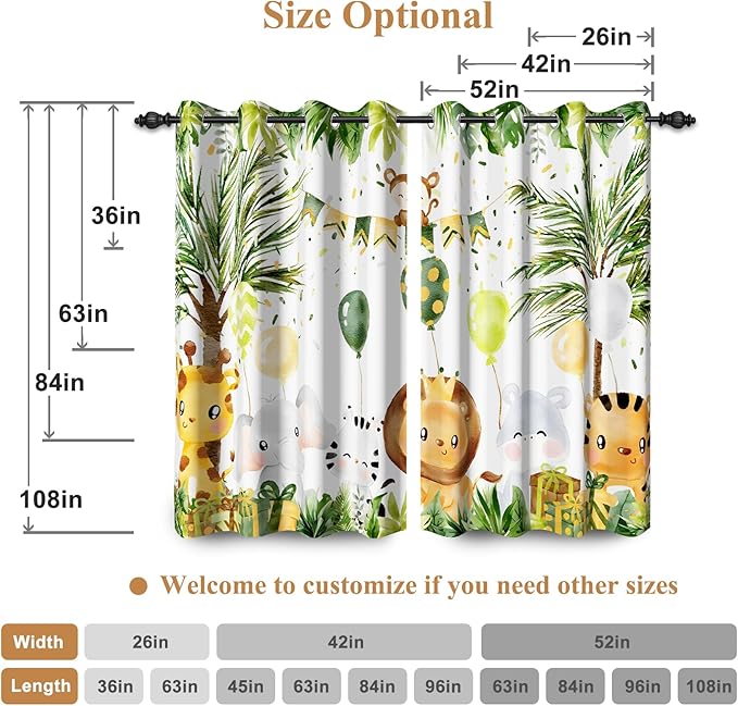 Renaiss 42 x 96 Inch Rainforest Safari Animal Curtains African Jungle Tropical Lions Tigers Elephants Giraffes Palm Trees Pattern Polyester Fabric Grommet Window Drapes for Nursery Bedroom 2 Panels