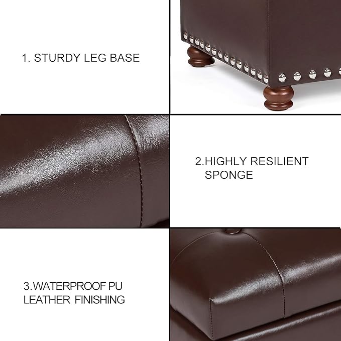 Asense Faux Leather Rectangular Hinged-lid Storage Ottoman, Button Tufted Upholstered Bench, Brown