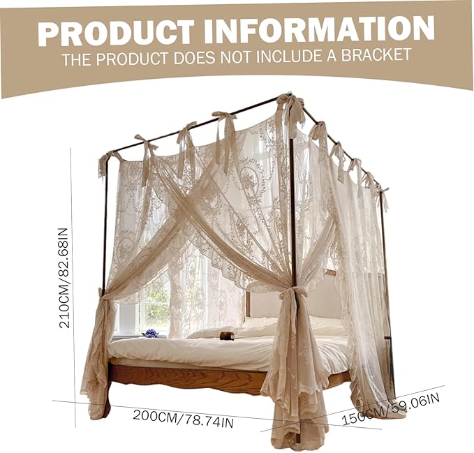 Bed Canopy, 4 Corner Post Canopy Bed Curtains, Lace Mosquito Net for 1.5m/4.92ft Beds, Beige (Frame Not Included), Mosquito Netting Tent