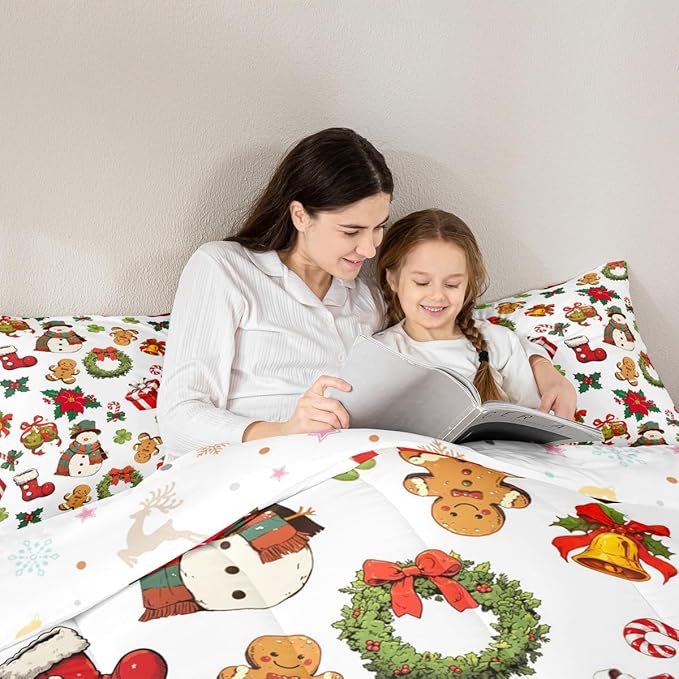 jejeloiu Merry Christmas Comforter Set Queen Size Cute Snowman Bedding Set for Kids Boys Girls Gingerbread Man Duvet Quilt White Bedroom Decor
