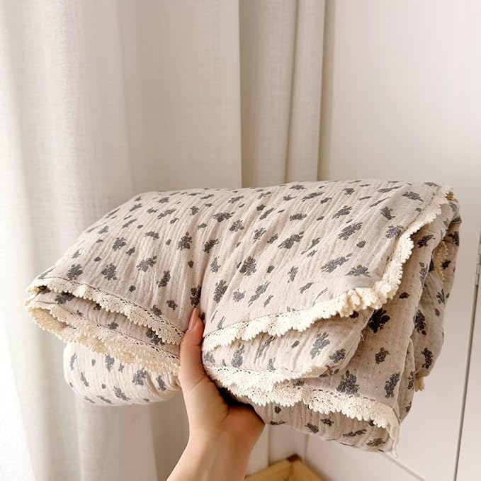 BuLuTu Vintage Orchid Flower Print Toddler Blanket Quilt with Chic Lace Edges, Soft Breathable Cotton Muslin Crib Blanket Toddler Bed Blankets Lightweight Kids Comforter, 47x59 Inches