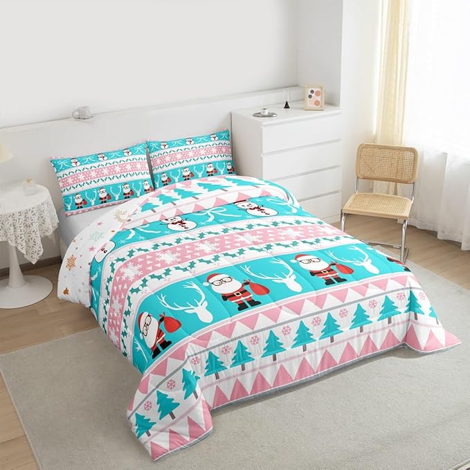 Feelyou Merry Christmas Tree Bedding Set Soft for Boys Girls, Cute Snowman Comforter Set King Size Santa Claus Duvet Quilt Microfiber Cartoon Bowknot Bedroom Decor 3 Pcs with 2 Pillow Cases