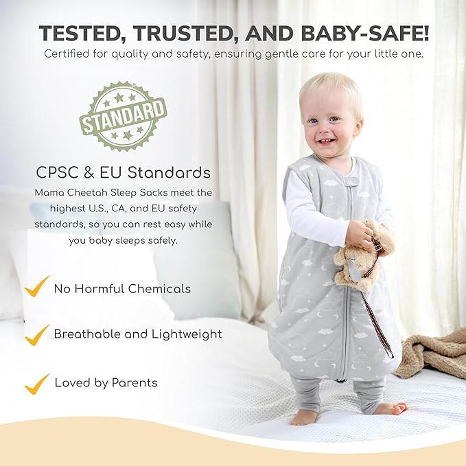 Mama Cheetah Toddler Sleep Sack with Feet 3T-4T, 1.0 TOG Organic Cotton Baby Wearable Blankets with Legs, Baby Sleeping Bag for Walkers, Early Walker Large