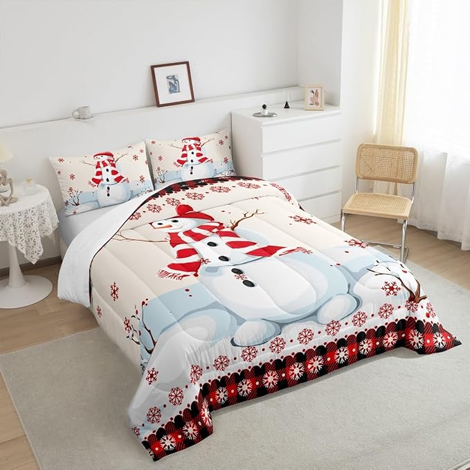 Kids Snowman Christmas Comforter Set Twin Size,Snowflake Romantic Bedding,Girls Boys Adults Bedroom/Xmas Cabin Decor,Geometric Grid Lattice Down Comforter,Rustic Farmhouse Duvet Insert,1 Pillowcase