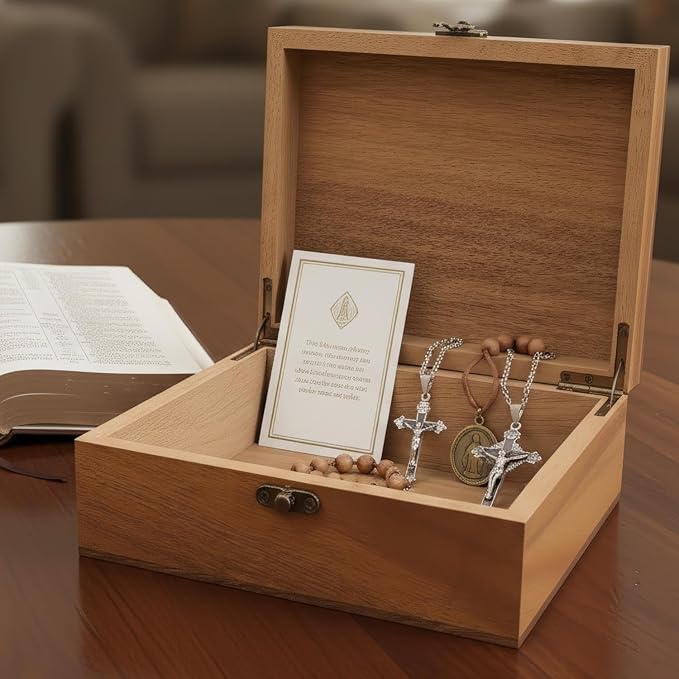 Personalized Pine/Walnut Keepsakes Baptism Gifts Wooden Box, 8 * 6 * 3 Walnut Wooden Boxes First Communion Gifts for Boys/Girls, Personalized Wood Storage Engraved Keepsake Box for Baptism