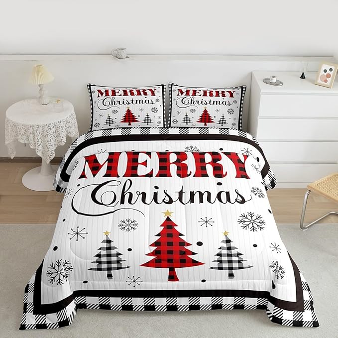 Merry Christmas New Year Kids Comforter Set King Size,Snowflake Pine Trees Bedding,Girls Boys Adults Bedroom/Xmas Cabin Decor,Grids Geometric Fashion Down Comforter,Rustic Duvet Insert,2 Pillowcases