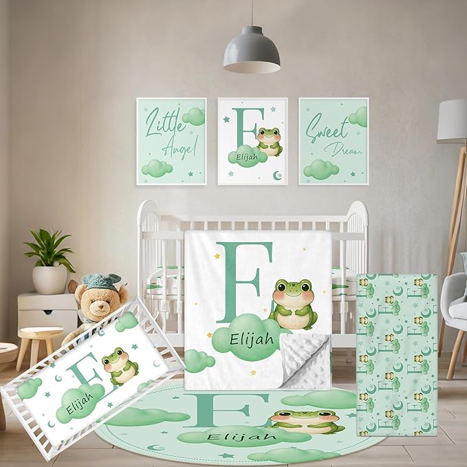 5 Piece Customized Crib Bedding Set for Baby Boys - Custom Name Baby Crib Green Frog Nursery Bedding Set with Soft Blanket, Fitted Sheet, Rug, Personalized Gifts for Toddler, Newborn, Infant