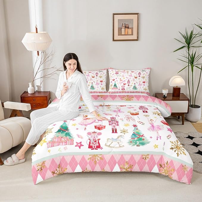 Feelyou Pink Christmas Kids Comforter Set Full Size Ballet Nutcracker Bedding Set Snowflake Duvet Quilt for Kids Boys Girls Bedroom Decor Microfiber Ultra Soft Breathable