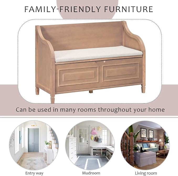 Merax Storage Bench, 41.9” Solid Wood Storage Chest with Backrest and Safety Hinge, Large Storage Space Bench with Upholstered Cushions,Supports 250 lb and Easy Assembly for Small Space, Brown