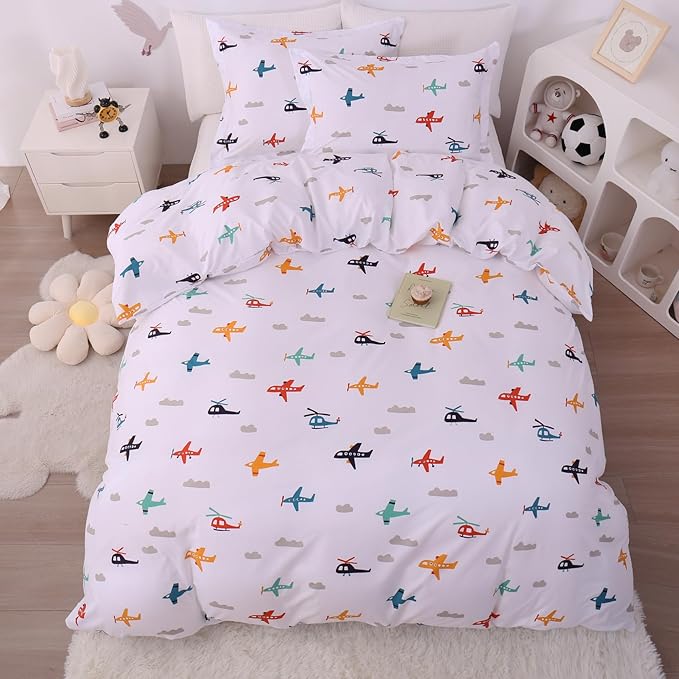 JSD Airplane Kids Duvet Cover Set Twin Size, 2 Piece Soft Printed Microfiber Comforter Cover with Pillow Sham Zipper Closure, Comforter Not Included
