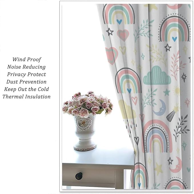 Boho Rainbow Curtains for Kids Nursery Colorful Floral Sun Star Clouds Pastel Bohemian Pattern Print Window Drapes for Girl Bedroom Living Room Kitchen Decor,2 Panel Set,84Wx84H Inch Blackout