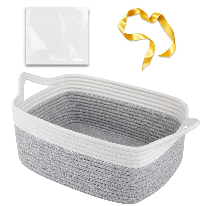 OIAHOMY Small Woven Rope Basket with Gift Bags and Ribbons, Gift Basket Empty for Baby Shower Birthday, Halloween, Christmas, Cute Cat Ear Handles for Shelf Living Room Bathroom, Grey & White