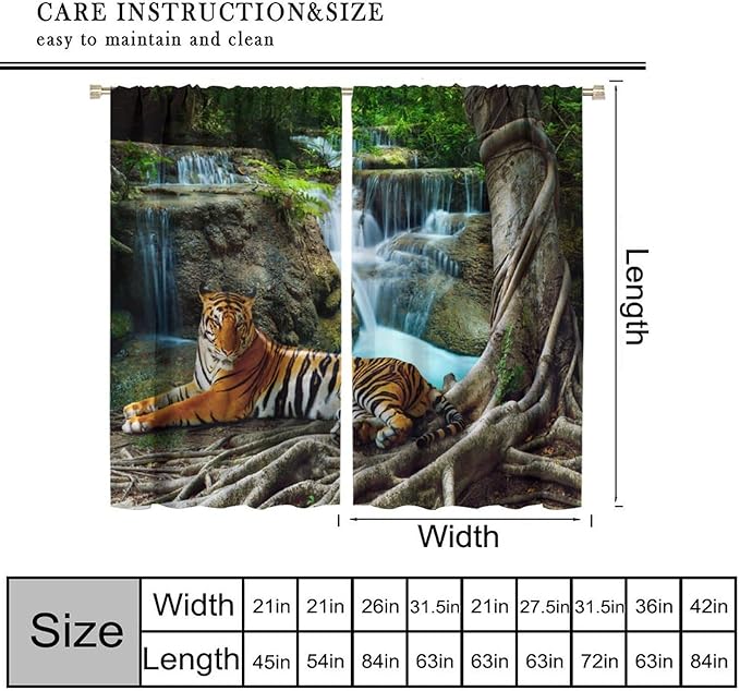 Waterfall Landscape Blackout Curtains, Spring Forest Animal Tiger Tree Waterfall Nature Window Drapes, for Bedroom Living Room 84" W X 84" L
