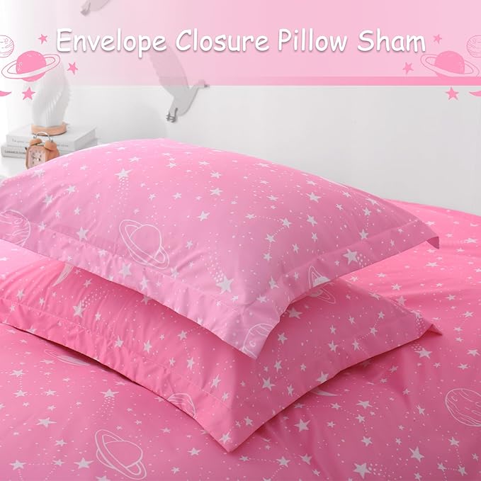 JSD Pink Stars Kids Duvet Cover Set Full Size, 3 Piece Girls Space Theme Microfiber Comforter Cover with Pillow Shams Zipper Closure, Comforter Not Included