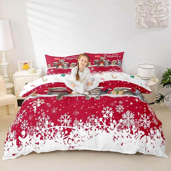 Merry Christmas Cat Bedding Set Xmas Snowflake Pet Cats Duvet Cover for Kids Children Teens Cute Kitten Comforter Cover 3D Animal Red White Bedspread Cover Bedroom Decor Quilt Cover 3Pcs Full Size