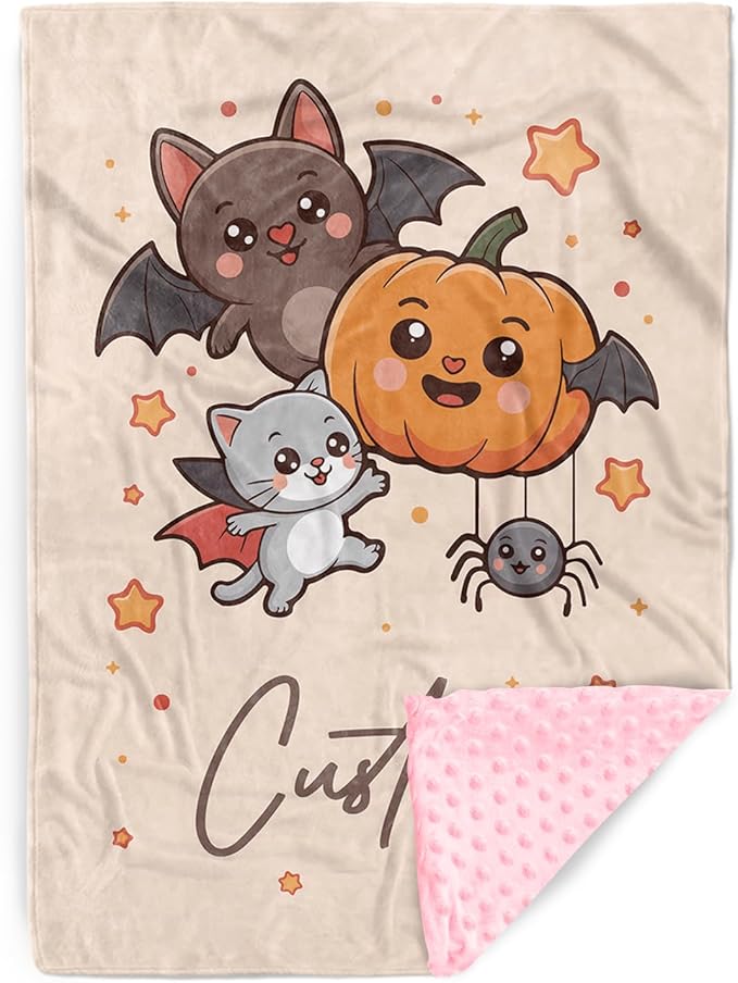 Personalized Halloween Blanket for Baby Boys Girls, Custom Baby Blanket with Name, Pumpkin Bat Pattern Soft Minky Dot Blanket, Halloween Decor Christmas Birthday Gifts for Kids Toddlers