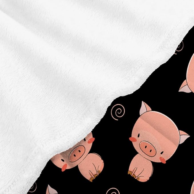 Thuswarm Cute Piggy Kawaii Pig Black Flannel Throw Blanket Warm Cozy Soft Funny Print Blankets for Bed Couch Sofa Room Decoration Gifts 120"×90" Extra Large for Family