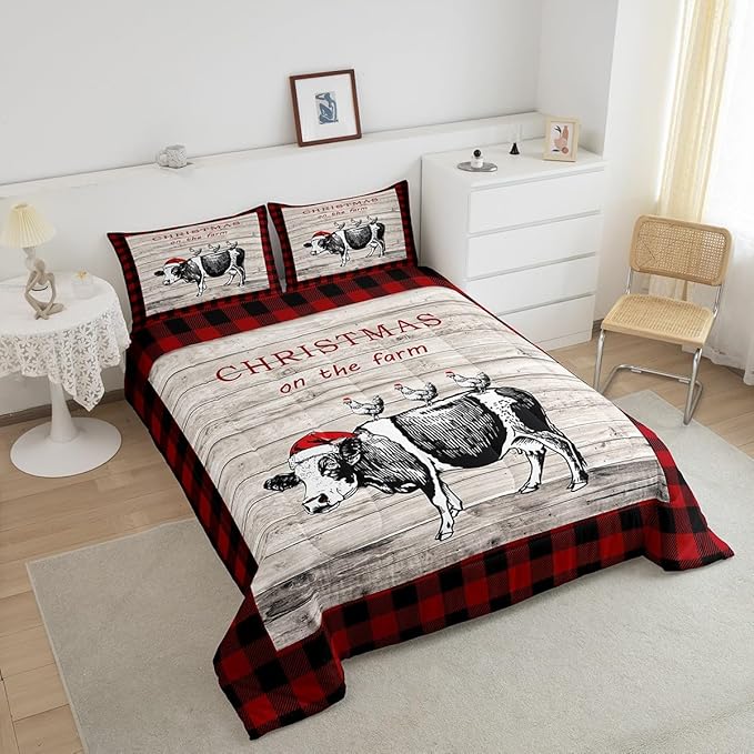 Christmas Farm Boys Kids Comforter Set Full Size,Vintage Wooden Plank Red Grids Duvet Set Room Decor,Cartoon Cow Chicken Brushed Microfiber Soft Bedding Comforter