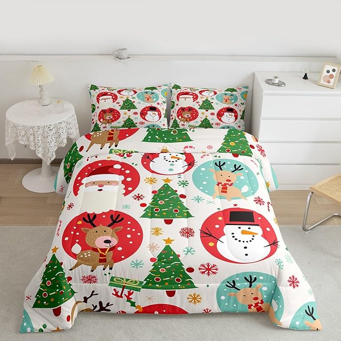 Feelyou Christmas Bedding Set Soft for Boys Girls, Santa Snowman Comforter Set Queen Size Deer Xmas Tree Duvet Quilt Microfiber Snowflake Bedroom Decor 3 Pcs with 2 Pillow Cases