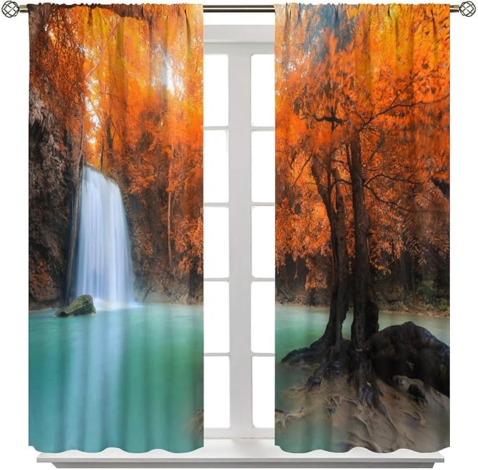 Forest Waterfall Blackout Curtains, Fall Leaves Trees Jungle Autumn Stream Country Nature Landscape Scenery Window Drapes, for Bedroom Living Room 55" W X 63" L