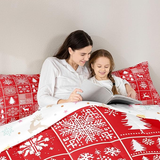 Kids Merry Christmas Comforter Set Full Size,Deer Snowflake Pines Silhouette Bedding,Girls Boys Adults Bedroom/Xmas Cabin Decor,Geometric Lattice Down Comforter,Red Bright Duvet Insert,2 Pillowcases