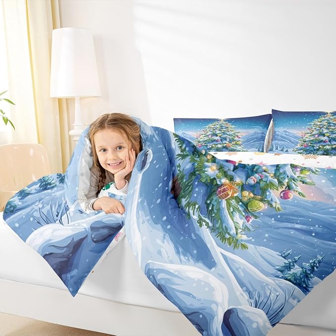 Feelyou Christmas Comforter Set Full Size Xmas Tree Bedding Set for Kids Boys Girls Winter Snowflake Duvet Quilt Christmas Tree Ornaments Bedroom Decor Microfiber 3 Pcs with 2 Pillow Cases