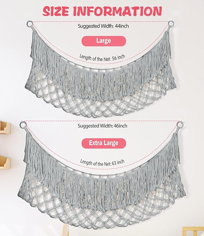 Stuffed Animal Hammock - Extra Large 63'' Long, Stuffed Animal Storage, stuffed animal Holder net, Toy Hammock Large, Toy Storage Hanging Organizer - Light grey