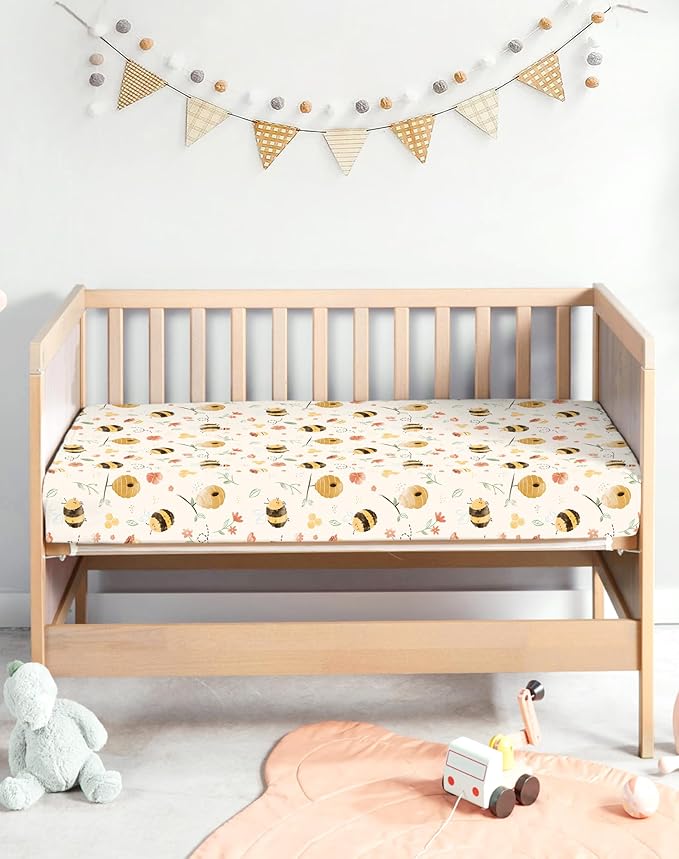 Pack and Play Sheets 2 Pack, Fitted Jersey Knit Mini Crib Sheets for Baby Boys and Girls, Compatible with Graco Pack N Play and Mini Crib Mattress (Bee Happy, Pack N Play/Mini Crib Sheets)