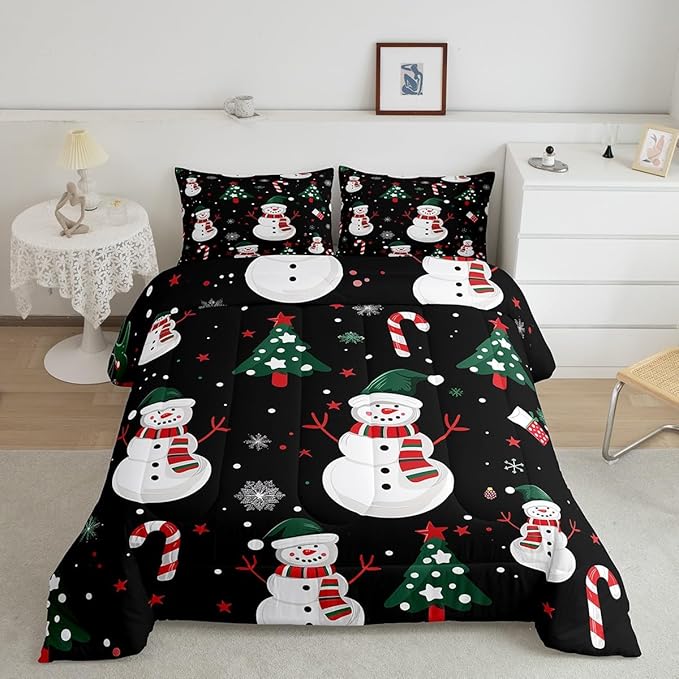 jejeloiu Kids Cute Winter Snowman Comforter Set Toddler Christmas Theme Bedding Set for Boys Girls Teens Xmas Candy Cane Snowflake Happy New Year Duvet Quilt Room Decor
