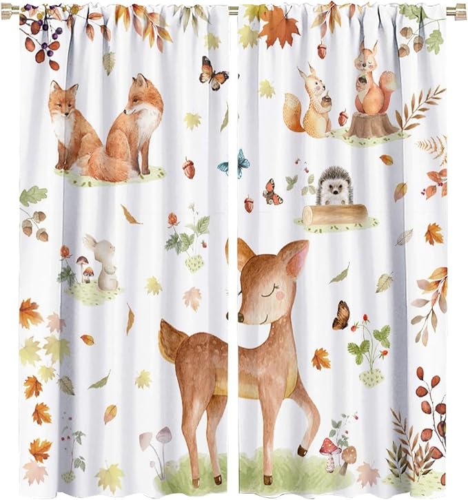 Fall Animails Curtains for Kids, Rustic Cute Woodland Wild Animal Window Treatments Watercolor Autumn Leaves Cartoon Fox Deer Window Drapes for Nursery Toddler Bedroom 55x63in