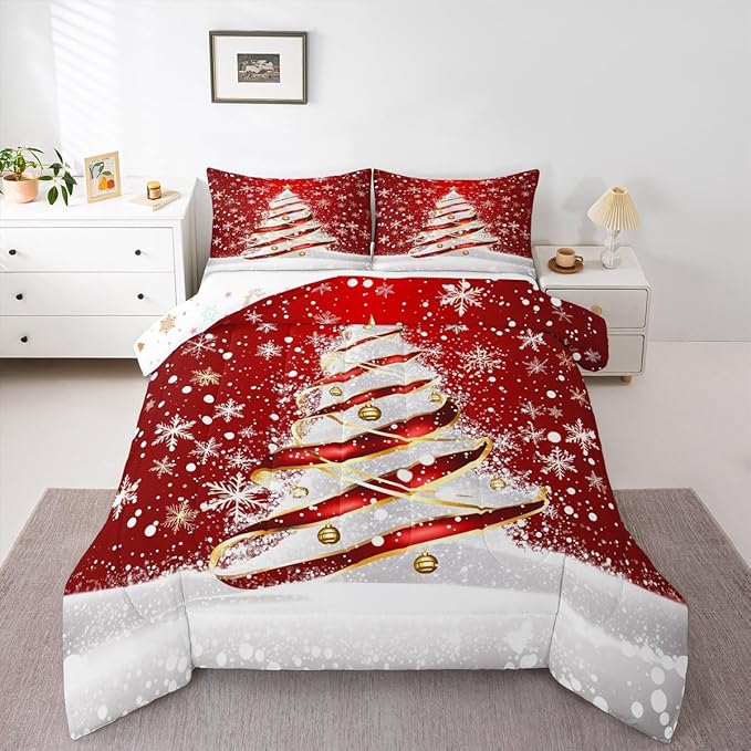 Feelyou Merry Christmas Comforter Set Toddler Size Christmas Tree Bedding Set for Kids Boys Girls Snowflake Duvet Quilt Winter Bedroom Decor Microfiber 2 Pcs with 1 Pillow Cases