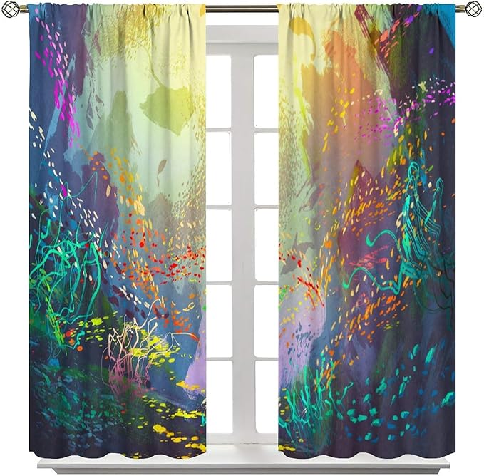 Ocean Blackout Curtain, Untouched Wild Underwater Aquatic World Corals Exotic Fishes Seascape Curtain for Living Room Cafe Set 2 Panels,72x63 Inches, Style-2