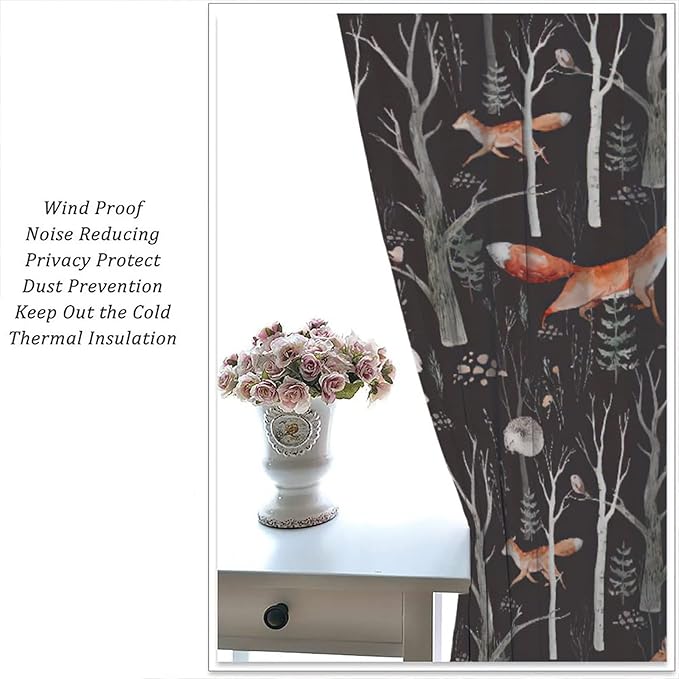 Rustic Forest Curtain, Woodland Country Hunting Animal Deer Fox Wildlife Bear Farmhouse Lodge Cabin Blackout Rod Pocket Windows Door Curtain for Bedroom Living Room Home Decor 42x45in