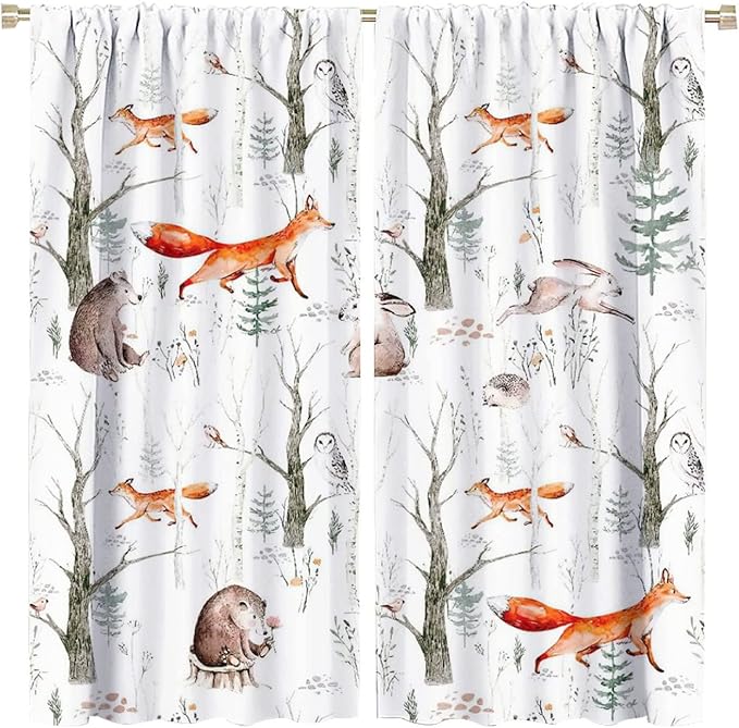 Rustic Forest Window Curtains, Watercolor Woodland Animals Owl Hedgehog Fox Butterfly Forest Squirrel and Bear Blackout Windows Door Curtain for Bedroom Living Room Home Decor 84x84in