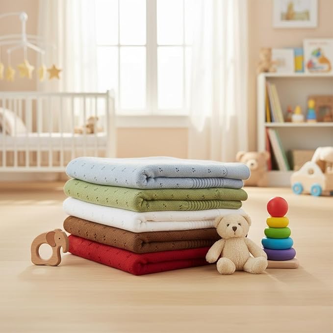 Baby Knit Blanket, 100% Cotton Eyelet Patterns, Soft, Cozy, Lightweight Swaddle for Newborn & Infant Swaddling Beige Neutral, Perfect Baby Shower Ideas Sage Green 30x40