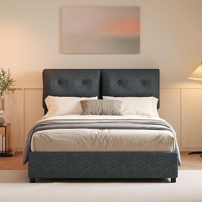Full Size Bed Frame with Headboard, Cloud Boucle Upholstered Bed Frame, Modern Soft Style, Adjustable Headboard, No Box Spring Needed, Easy Assembly, Dark Grey