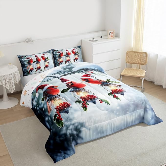 Feelyou Merry Christmas Comforter Set All Season Robin Bird Bedding Set with 2 Pillow Cases Snowflake Microfiber Kids King Bedclothes Winter Bedroom Decor Duvet Quilt Breathable Soft Lightweight