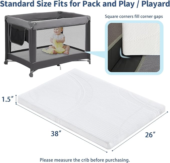 Pack and Play Mattress 38 x 26 x 1.5 inch, Soft Breathable Pack N Play Mattresses with Washable Waterproof Cover for Baby ＆Toddler, Portable Crib Mattress for Playard