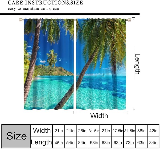 Ocean Beach Curtains,Sunshine and Beach Hawaiian Seaside Scene Pattern Blackout Print Home Bedroom Living Room Window Treatments 2 Panel Set 42x63 Inch