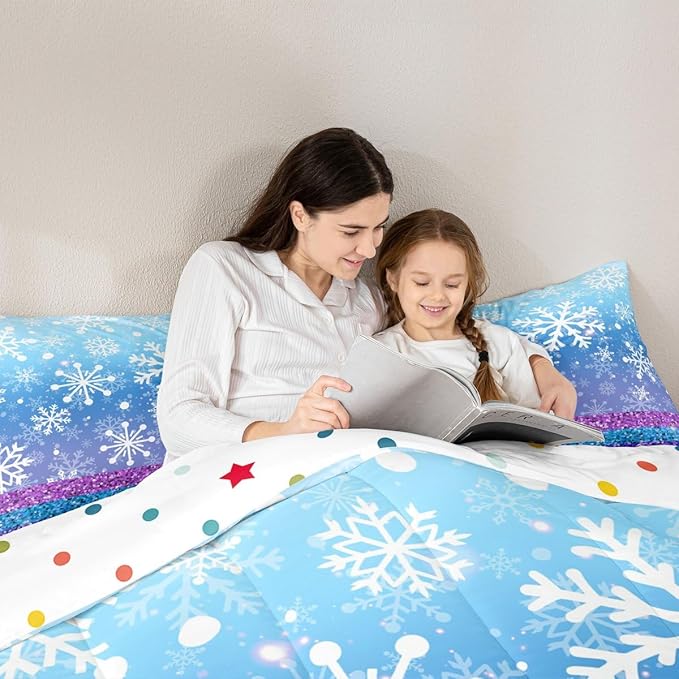 Feelyou Winter Snowflake Comforter Set All Season Glitter Print Bedding Set with 2 Pillow Cases Christmas Microfiber Kids Queen Bedclothes Holiday New Year Bedroom Decor Duvet Quilt Soft Lightweight