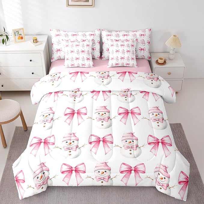 7 Pieces Cartoon Snowman Kids Comforter Twin,Pink Bowknot Bow Tie Princess Toddler Bedding Set,Merry Christmas Xmas Bow New Year（Comforter+Fitted+Flat Sheet+2 Pillowcases+2 Throw Pillow Covers）