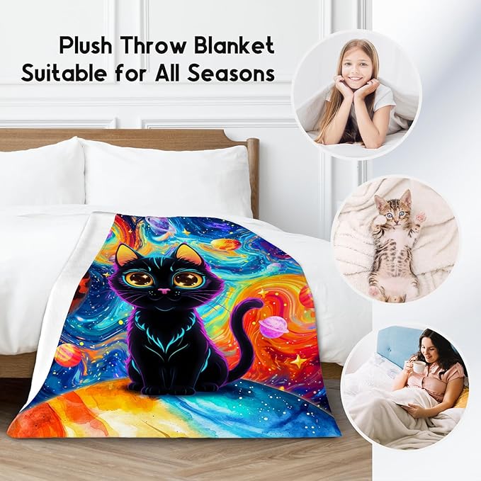 Cat Blankets for Cat Lovers - Girls Blanket for Kids/Women - Lightweight Planet Throws Gifts for Office Couch, Bed - 50"x60"