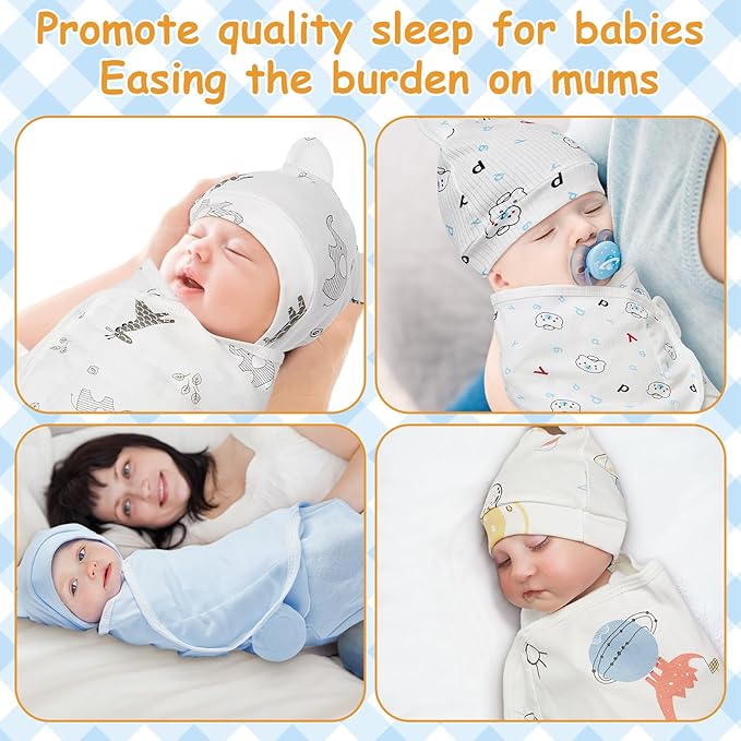 Ramede 6 Pack Preemie Swaddle Blanket with Hats Sleep Swaddle for Baby Boy Girl Preemie Newborn Sacks Soft Cotton Wearable(Planet,Blue)